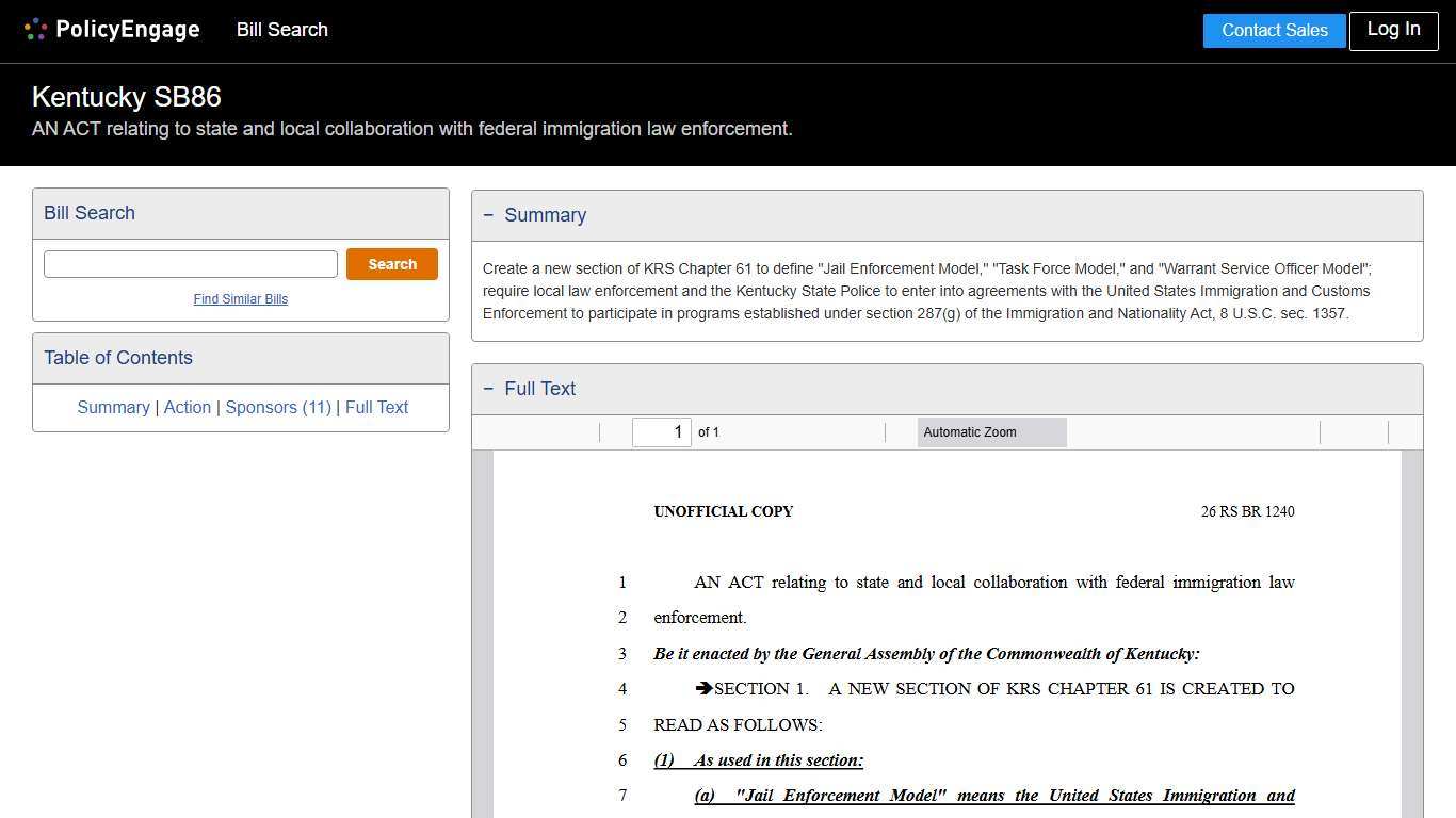 SB86 Kentucky 2026 AN ACT relating to state and local collaboration with federal immigration law enforcement. - Legislative Tracking PolicyEngage