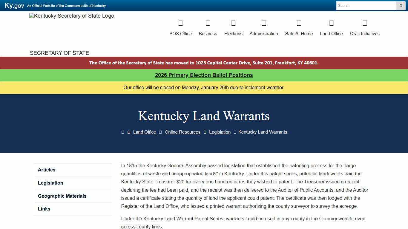 Kentucky Land Warrants - Secretary of State